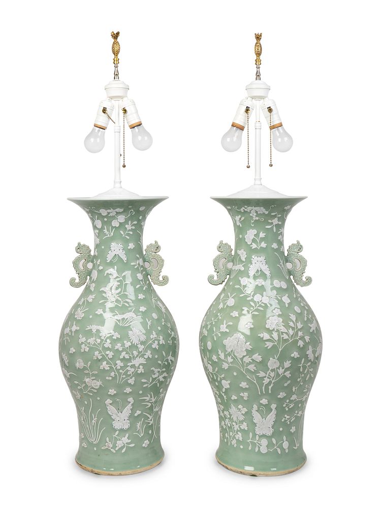 Appraisal: A Pair of Chinese Celadon and White Glazed Baluster Vases