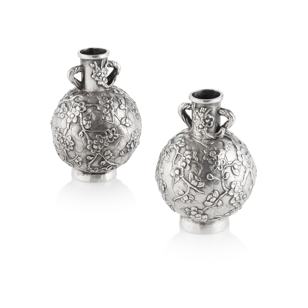 Appraisal: PAIR OF SMALL SILVER 'PRUNUS' VASES BY WANG HING MARKED