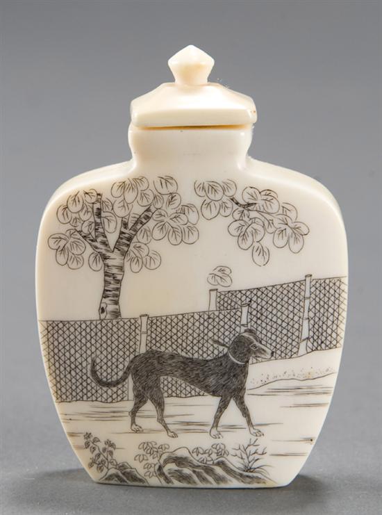 Appraisal: Ivory snuff bottle with finely incised and tinted design of