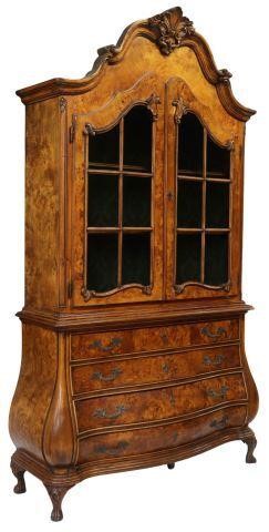 Appraisal: Dutch burlwood vitrine on chest th c carved crest over