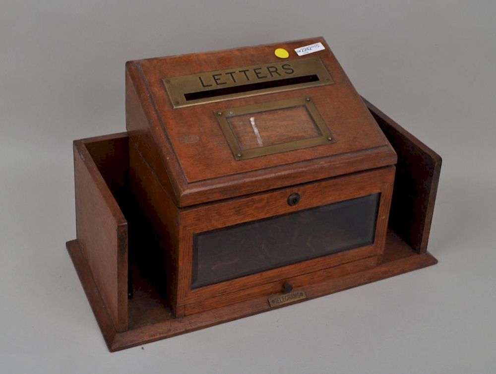 Appraisal: English Oak Brass Letter Box with beveled glass plaque and