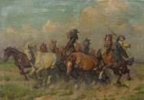 Appraisal: Janos Viski Hungarian b Cowboy with horses Oil on canvas