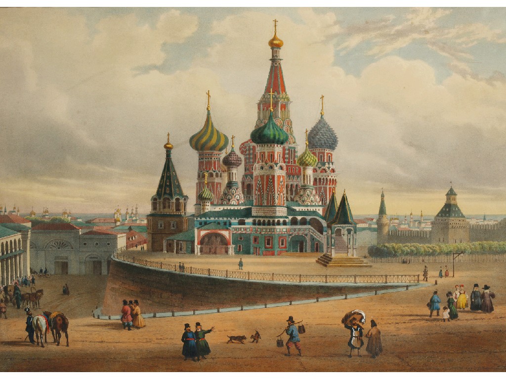 Appraisal: A TH CENTURY HAND TINTED ENGRAVING of St Basil's Cathedral