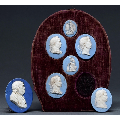 Appraisal: Five Wedgwood jasper portrait medallions and cameos th c classical