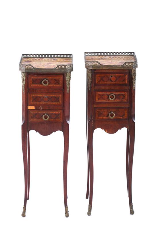 Appraisal: PAIR TRANSITIONAL LOUIS XV XVI STYLE PARQUETRY INLAID PETITE COMMODES