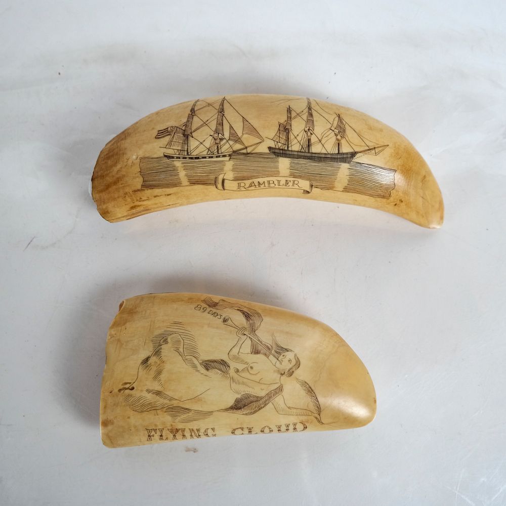 Appraisal: Scrimshaw Tooth Carvings Rambler Flying Cloud One depicting two schooners