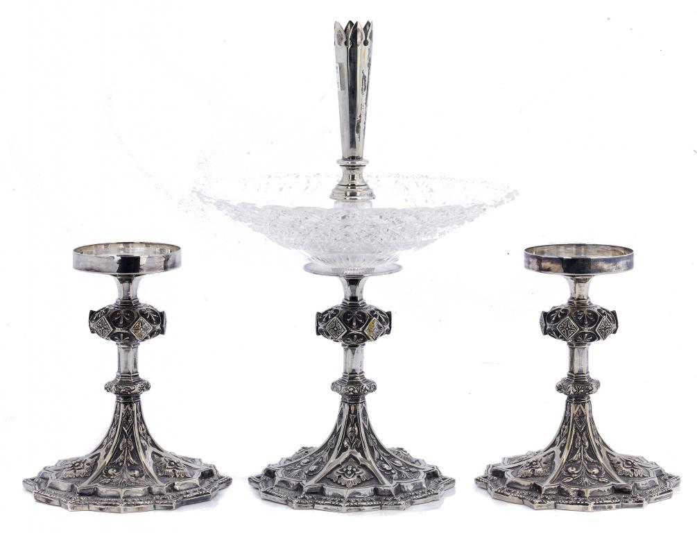 Appraisal: A SET OF THREE VICTORIAN GOTHIC ELECTROTYPE DESSERT STANDS to