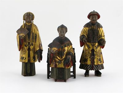 Appraisal: Three rare Chinese lacquered wood figures one seated in a