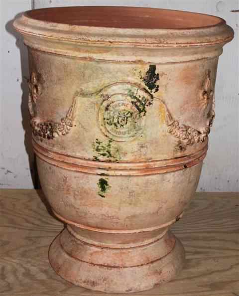 Appraisal: LARGE FRENCH ANDUZE MOTTLED GLAZED TERRA COTTA URN with swag