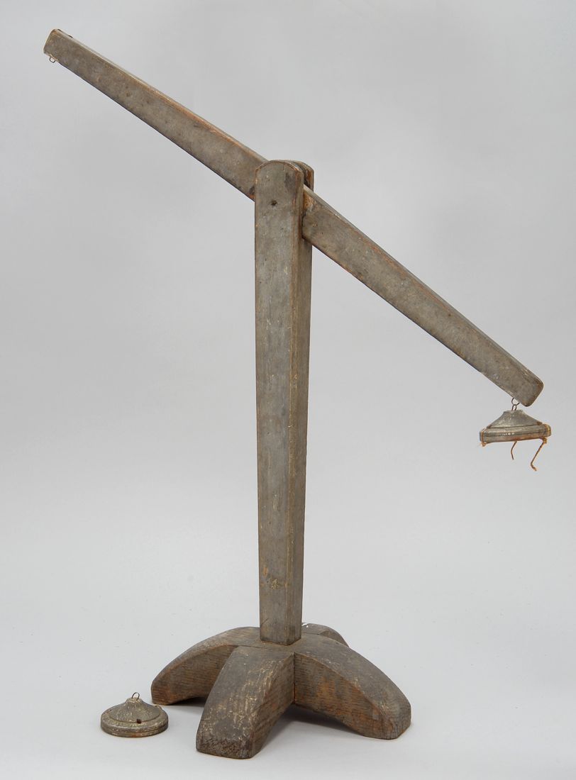 Appraisal: EARLY WOODEN BALANCE SCALE In original gray paint Height Provenance