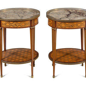 Appraisal: A Pair of Louis XVI Style Marquetry Marble-Top Side Tables