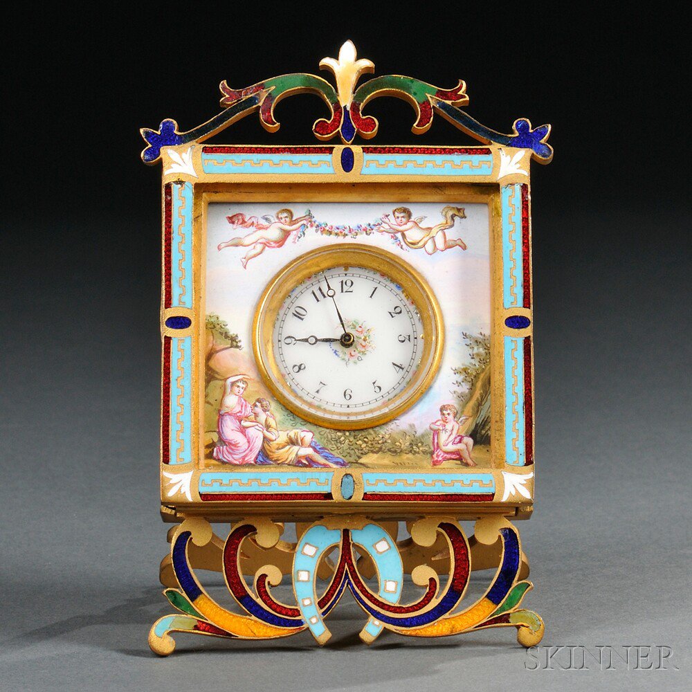 Appraisal: Gilt-metal and Enamel Boudoir Clock Continental early th century the