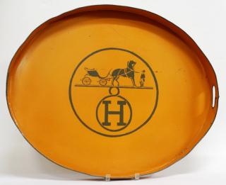 Appraisal: Vintage Tole Tray with Hermes Logo With a high twin-handled