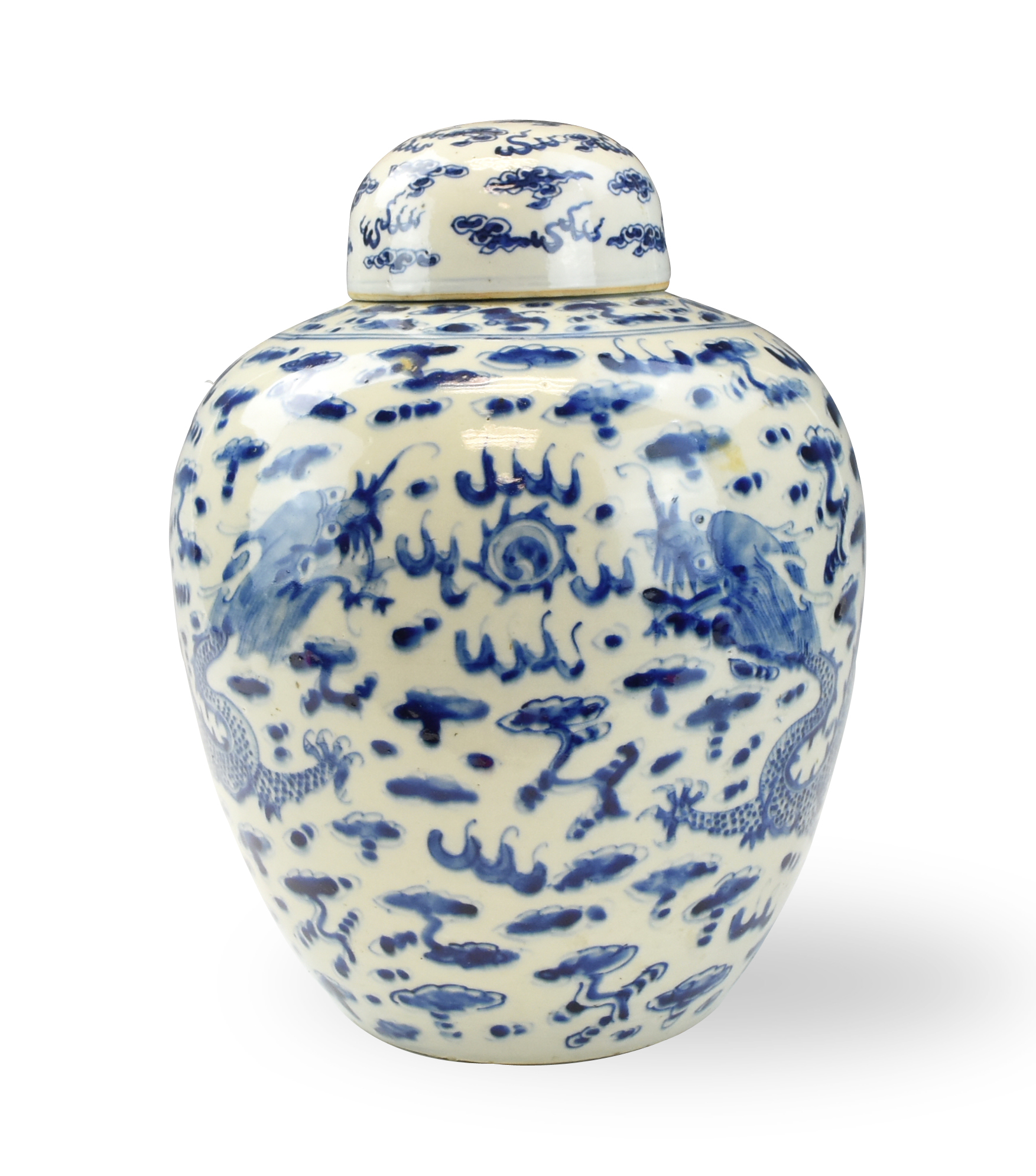 Appraisal: CHINESE BLUE WHITE JAR COVER W DRAGON TH C Chinese