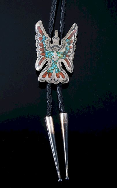 Appraisal: Navajo Water Bird Sterling Chip Inlay Bolo Tie Offered in