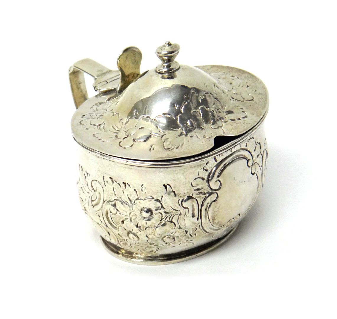 Appraisal: A George III silver mustard pot of oval form later