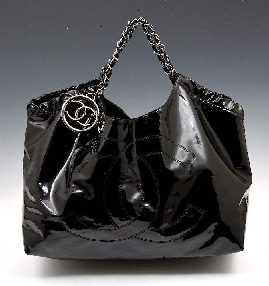 Appraisal: Chanel Coco Cabas XL black vinyl tote bag with silver-toned