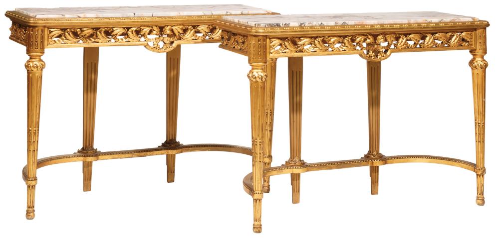 Appraisal: Pair of Louis XVI-Style Carved Giltwood Consoles inset marble top