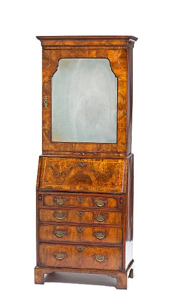 Appraisal: A Queen Anne burl walnut bureau bookcase early th century