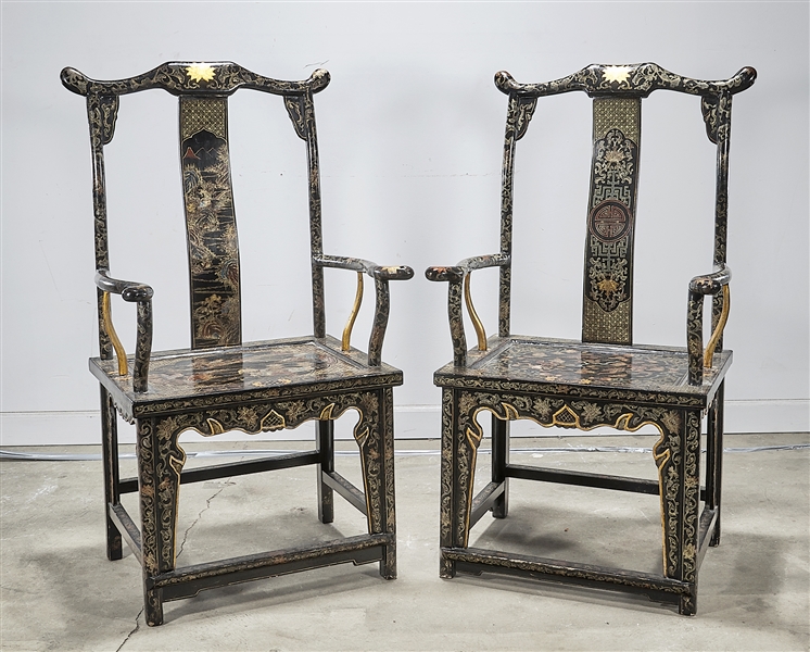 Appraisal: Two Chinese painted arm chairs shou character and landscape motifs