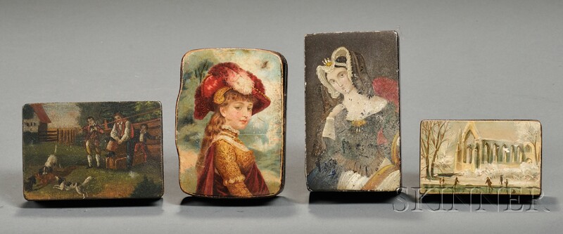 Appraisal: Four Hand-painted Snuff Boxes Decorated with Ladies and Landscapes early