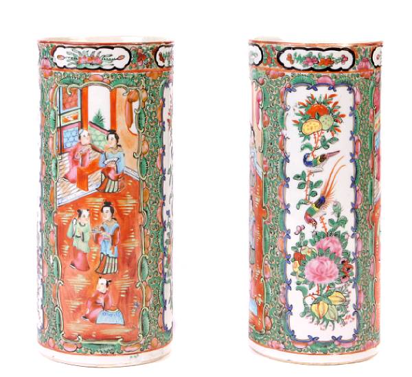 Appraisal: Pair of Chinese canton Famille Rose enameled porcelain cylindrical vases