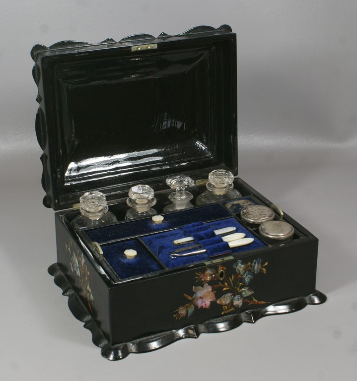 Appraisal: MOP inlaid dresser box with fitted interior crystal bottles not