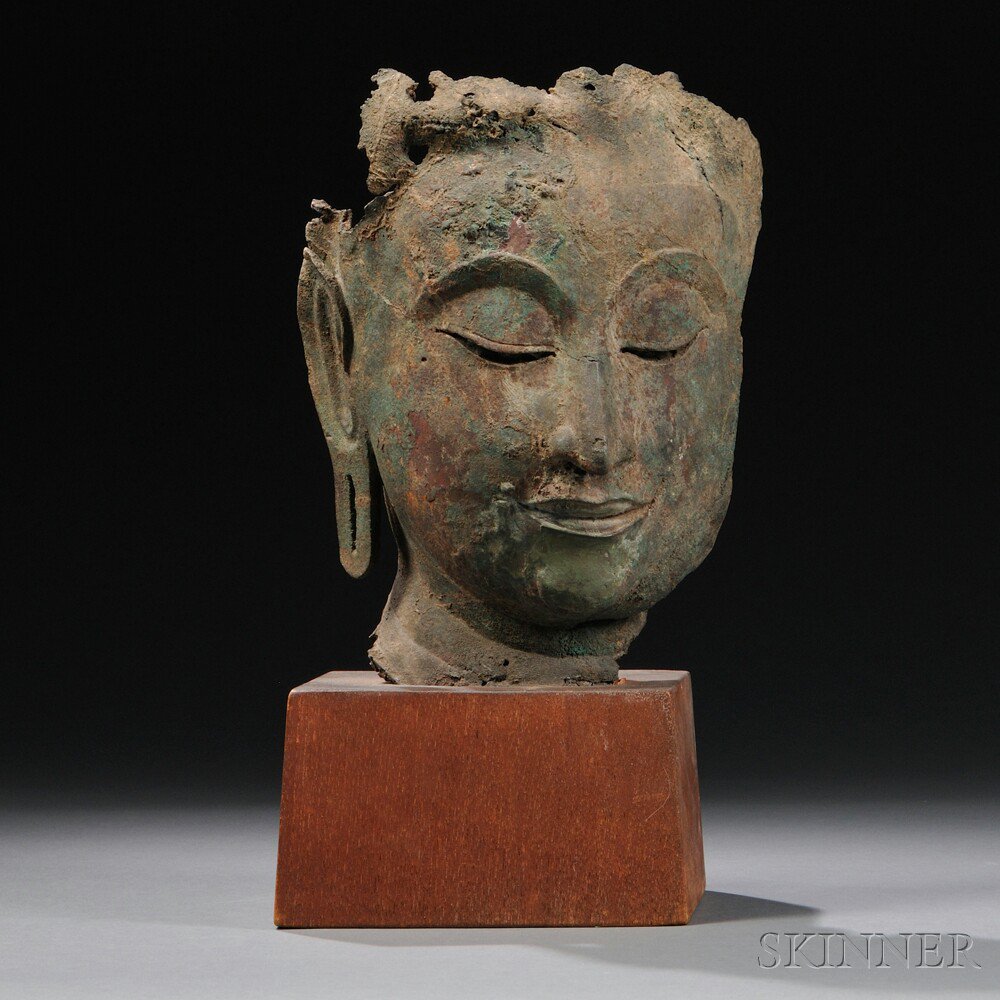 Appraisal: Fragment of Bronze Buddha Head Thailand depicting Buddha's face with