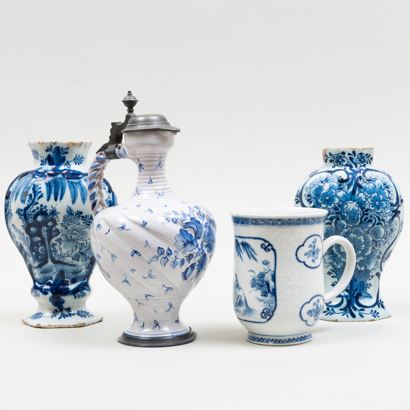 Appraisal: TWO BLUE AND WHITE DELFT VASES A PEWTER-MOUNTED EWER AND