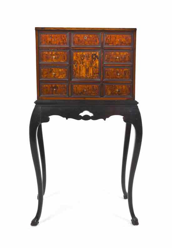 Appraisal: A Continental Fruitwood and Marquetry Cabinet on Stand th century