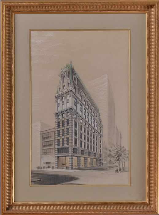 Appraisal: AMERICAN SCHOOL CORNER VIEW OF THE REPUBLIC NATIONAL BANK Charcoal