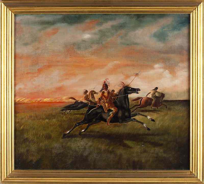 Appraisal: style of George Catlin - Prairie Fireoil on canvas lined