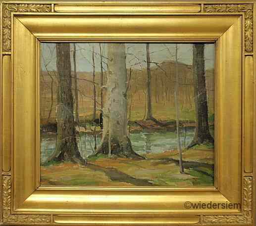 Appraisal: Oil on canvas winter landscape painting with trees in front