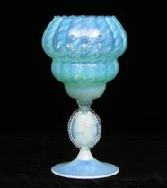 Appraisal: Opalescent Tasse de Souteneur Or vase ruffled edge rim on