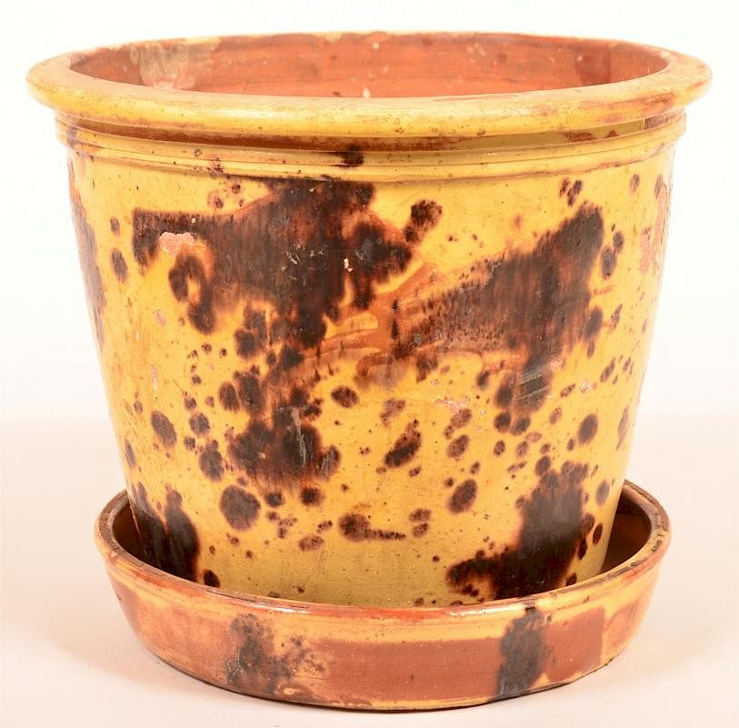 Appraisal: Redware Pottery Planter with Saucer Base th Century Mottle Glazed