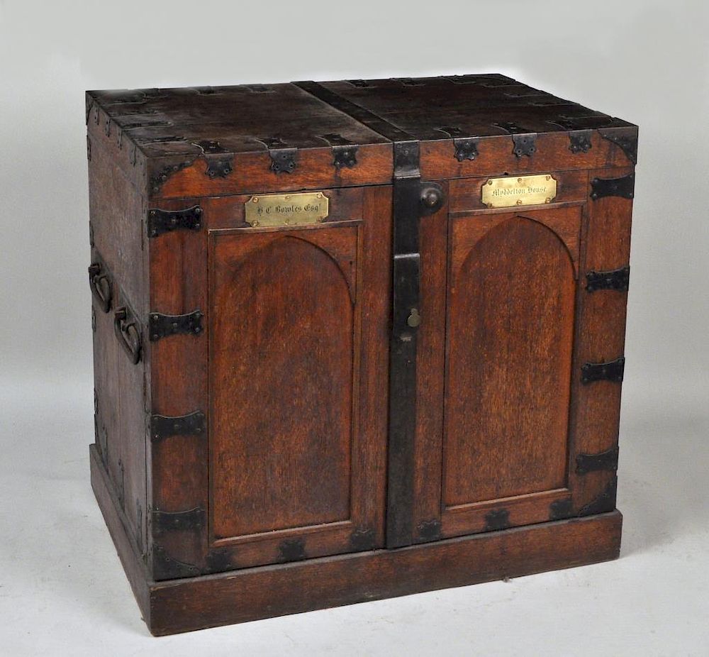 Appraisal: English Iron Bound Oak Silverware Chest mounted with two brass