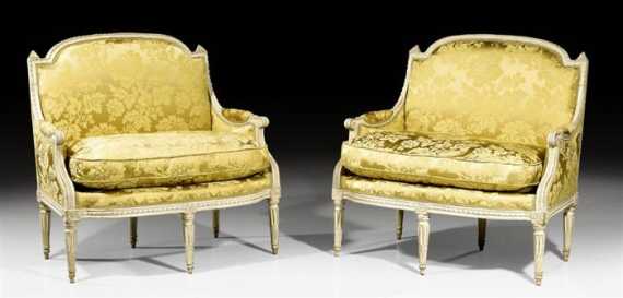 Appraisal: PAIR OF PAINTED MARQUIS CHAIRS Louis XVI stamped J P