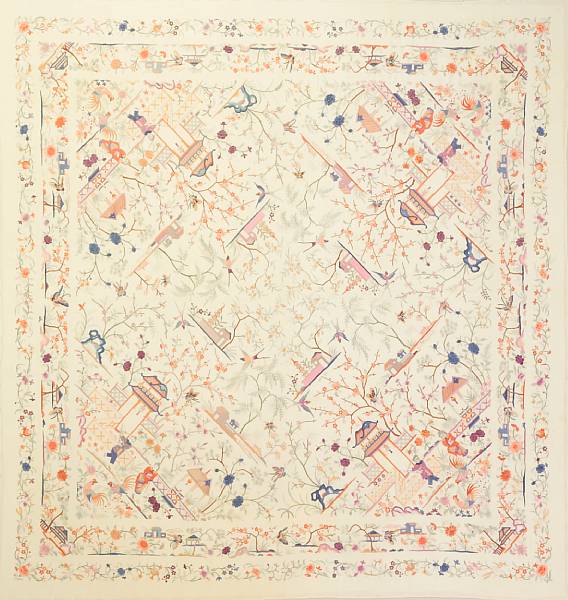 Appraisal: An export embroidered silk shawl Framed and glazed the ivory