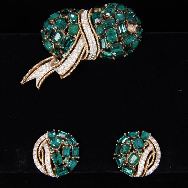 Appraisal: Trifari pc Emerald Jewel Rhinestone Brooch Pin Clip Earrings Glue