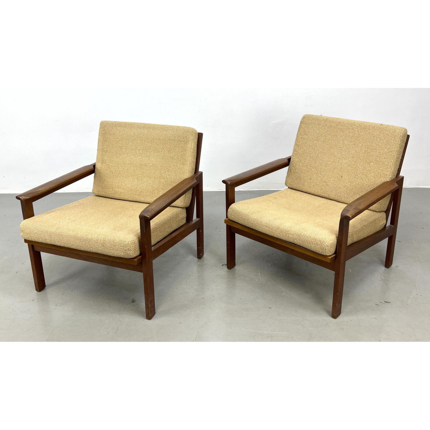 Appraisal: Pr Danish Teak Open Arm Lounge Chairs Upholstered Cushions Marked