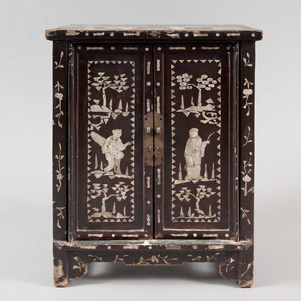 Appraisal: Chinese Mother-of-Pearl Inlaid Black Lacquer Cabinet th Century The rectangular