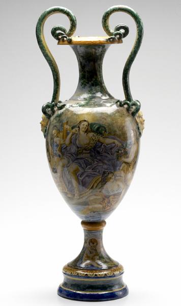 Appraisal: ITALIAN FAIENCE Double-handled urn with genre scene on front and