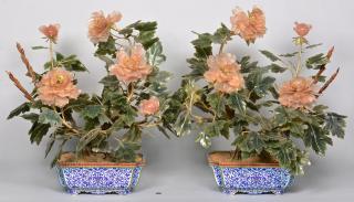 Appraisal: Pr Chinese Agate Flowering Trees Pair of large Chinese pink