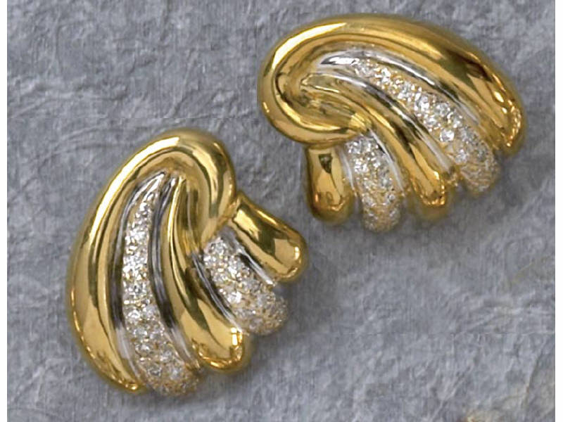 Appraisal: DIAMOND EAR CLIPS k yellow and white gold fan shaped