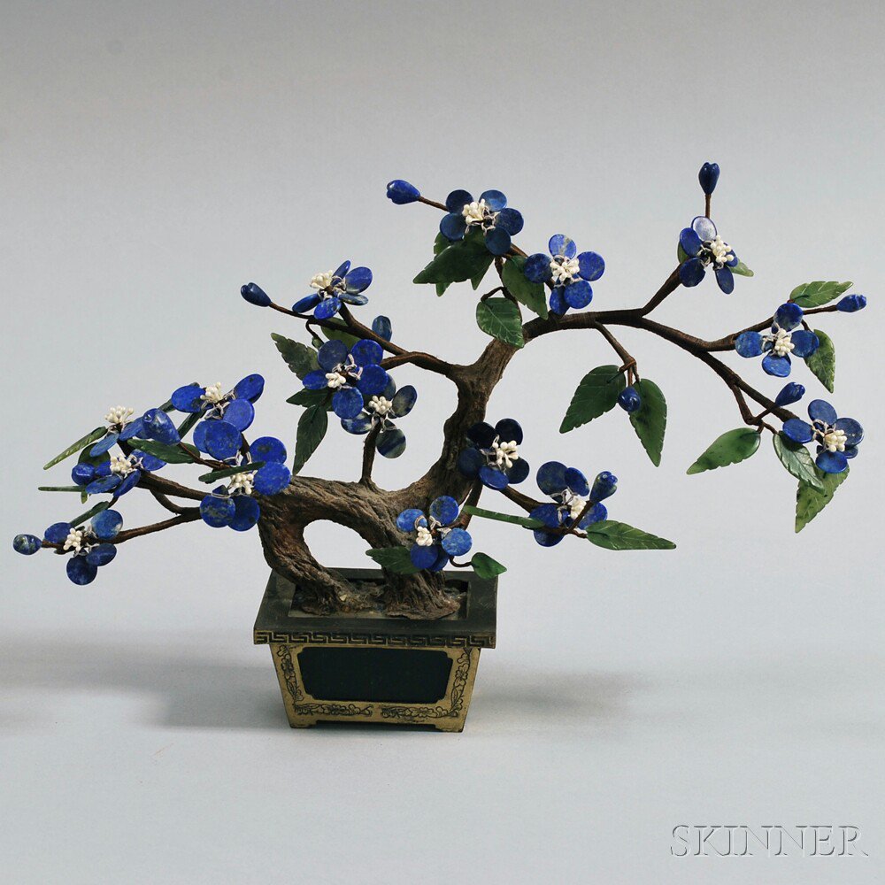 Appraisal: Lapis and Pearl Flowering Tree China in a green stone