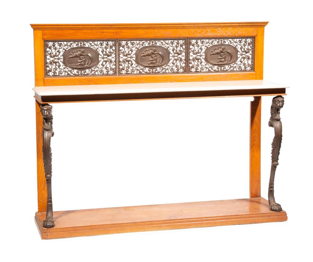 Appraisal: Antique Continental Bronze-Mounted Oak Console Table paneled superstructure with putti