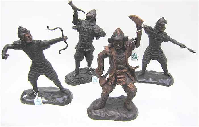 Appraisal: FOUR BRONZE SAMURAI SCULPTURES Samurai with spear ''H one holding