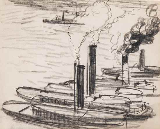 Appraisal: Dame Laura Knight - Tugs on River Hudson charcoal on