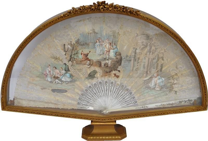 Appraisal: th c MOP FRENCH SILK HAND PAINTED FAN A Large