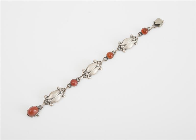 Appraisal: STERLING SILVER BRACELET Set with round carnelian stones stamped 'sterling'